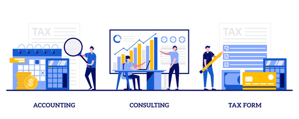 Poster - Accounting, consulting, tax form concept with tiny people. Financial information abstract vector illustration set. Tax filing, audit service, online application software, business strategy metaphor