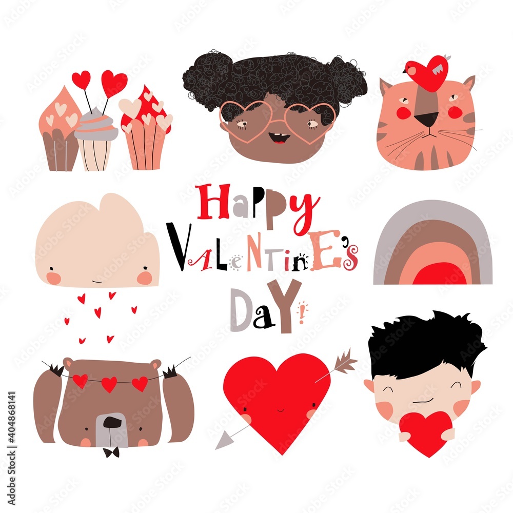 Cartoon set with Valentines Day elements on white background - obrazy, fototapety, plakaty 