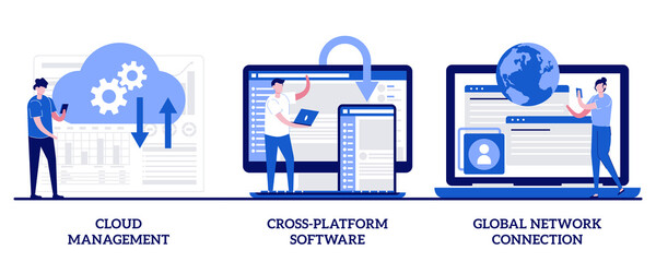 Cloud management, cross-platform software, global network connection concept with tiny people. Global communication abstract vector illustration set. Data storage, application development metaphor