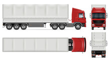Semi Trailer Truck Vector Mockup On White For Vehicle Branding, Corporate Identity. View From Side, Front, Back, Top. All Elements In The Groups On Separate Layers For Easy Editing And Recolor