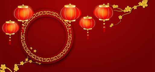 Wall Mural - Chineses theme product display podium. Design with lantern and tree on red background. Vector. illustration. for brochure, banner, poster. Vector. illustration.