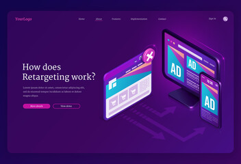 Retargeting or remarketing ad isometric landing page, advertising business methodology attract customers by creating valuable content and analysis. Digital devices with ad page, 3d vector web banner