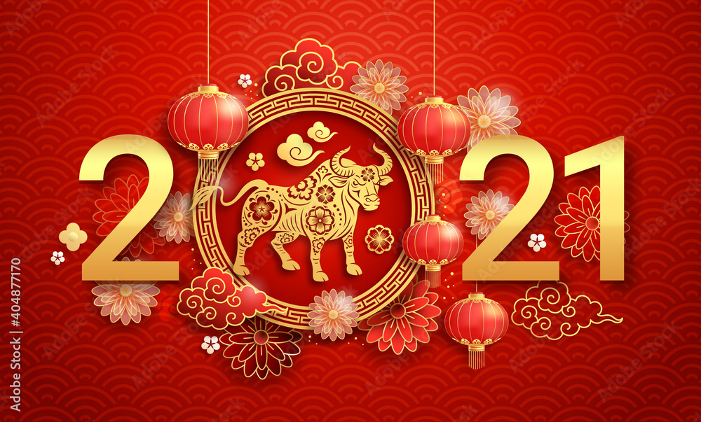 Chinese new year 2021 greeting card background the year of the ox. Vector illustrations. - obrazy, fototapety, plakaty 