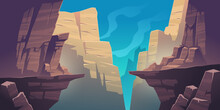 Mountain Landscape With Precipice In Rocks. Vector Cartoon Illustration Of Abyss Between Cliffs, Canyon Or Gorge. Dangerous Rocky Crack, Gap Or Chasm Divides Stone Ledge