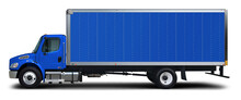 Completely Blue Delivery Truck Side View Isolated On White Background.