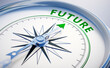 © peterschreiber.media - Silver and green compass with needle pointing to the word future - 3D illustration