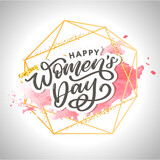 Fototapeta Morze - Women's Day.Typographic card.Lettering Vector Design,Watercolor background,pink artistic texture, frame. Holiday handwriting text. Invitation,watercolor poster.