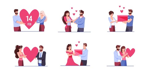 Wall Mural - Set of vector cartoon flat characters couples.Young people in love,happy man woman give hearts,gifts-saint Valentine Day postcard,greeting card design,web online banner decor,love metaphor concept