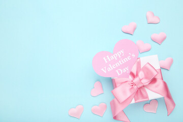 Canvas Print - Gift box and heart with text Happy Valentines Day on blue background