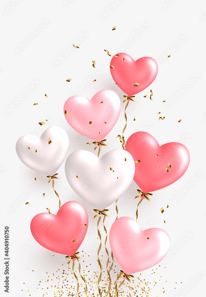 Valentine's day design. Realistic white and pink balloons. Ballon bunch with falling golden confetti. Decorative holiday banner, festive web poster, flyer, brochure, cover. Romantic card background - obrazy, fototapety, plakaty 