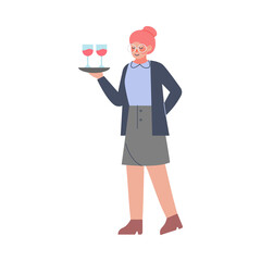 Poster - Waitress Holding Tray with Two Glasses of Red Wine Cartoon Style Vector Illustration