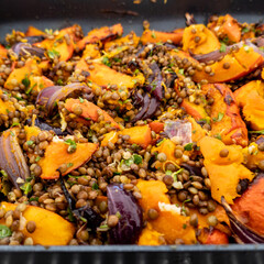 baked pumpkin and lentils