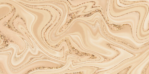 Beige liquid marble canvas abstract painting background with gold line texture.