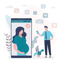 Wall Mural - Online video conference. Businessman use smartphone and talking with pregnant wife. Big mobile phone with video chat application.