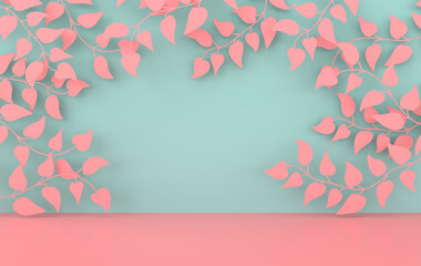 Leinwandbilder - 3d rendered studio with spring branches and leaves and podium. Platforms for product presentation, mock up background. Abstract composition in minimal design