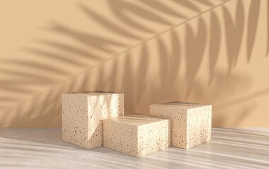 Leinwandbilder - 3d rendered studio with geometric shapes, podium on the floor. Platforms for product presentation, mock up background. Abstract composition in minimal design, tropic palm leaves shadow