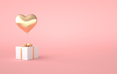 Wall Mural - 3d render illustration of gold glossy heart balloon, gift box with golden bow on pink background. Valentine's Day romantic 14 february card. Empty space for party, promotion social media banners