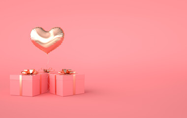 Wall Mural - 3d render illustration of foil gold glossy heart balloon, gift box with golden bow on pink background. Valentine's Day romantic elegant 14 february card. Empty space for party, posters.