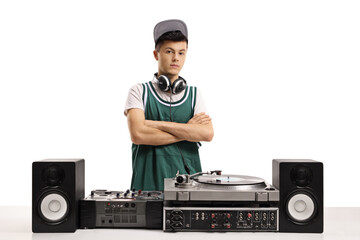 Sticker - Young male dj with vinyl turntable posing with crossed arms