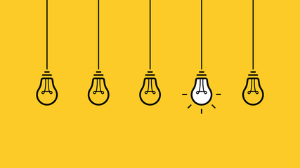 Poster - Creative idea. Set of hanging from above light bulbs. Light bulb with cable and lightning bolt. Vector illustration