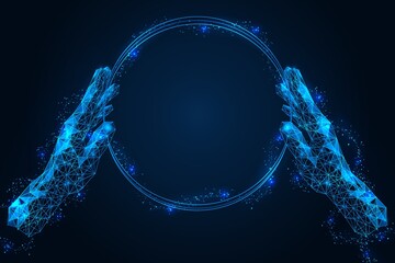 Hands holding glowing neon rings. Futuristic polygonal construction of interlocked lines and dots. Blue background.
