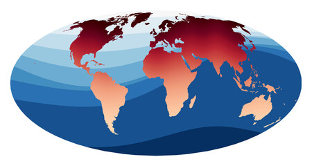 Wall Mural - World Map Vector. Equal-area, pseudocylindrical Mollweide projection. World in red orange gradient on deep blue ocean waves. Attractive vector illustration.