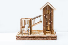 Playground Made Of Natural Wood For Rodents On A White Background. Natural Living House For Hamsters, Gerbils, Mice
