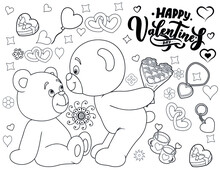 Valentines Day Coloring Book - Coloring Book Page For Valentine's Day- Coloring Page- Black And White Cartoon Illustration.