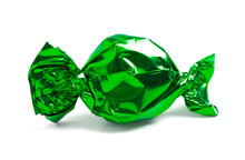 Single Wrapped Green Candy On A White Background