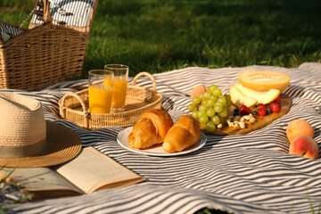 Picnic blanket with delicious food and juice on green grass outdoors