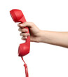 © New Africa - Woman holding red corded telephone handset on white background, closeup. Hotline concept