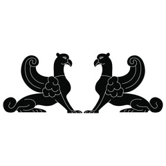 Symmetrical design with two fantastic winged griffins. Black and white silhouette.