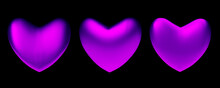 Set Of 3 Purple Hearts On A Black Dark Background. 3D Rendering