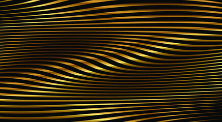 Fototapete - Gold 3d wave on black background. Futuristic abstract metal gold gradient wave line. Luxury Golden Color flow background. Abstract dynamic 3d flow effect. Metallic gold shiny design texture.Vector ill