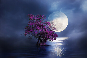night landscape with moon and tree