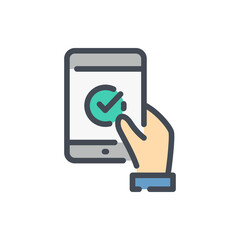 Fototapete - Online feedback color line icon. Hand with mobile phone and check mark vector outline colorful sign.