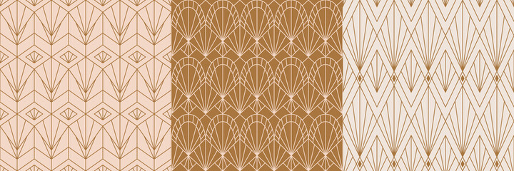 Art Deco Seamless Patterns Set in a Trendy minimal Linear Style. Vector Abstract Retro backgrounds with Geometric Shapes. For packaging, fabric printing, branding, wallpaper, covers