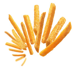 French fries levitate on a white background