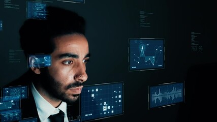 Poster - ホログラム画面を見るビジネスマン　グラフィカルユーザインターフェース