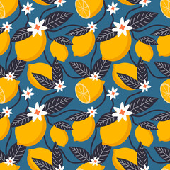 Wall Mural - vector seamless pattern with hand drawn repeating lemons on a blue background. bright flat illustration for printing on fabric, clothing, wrapping paper. background for websites and applications