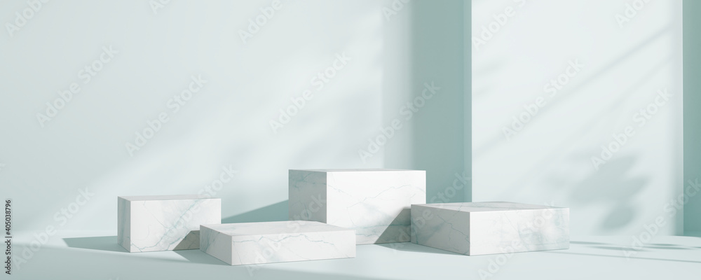 Marble product display podium with shadow nature leaves on blue background. 3D rendering		 - obrazy, fototapety, plakaty 
