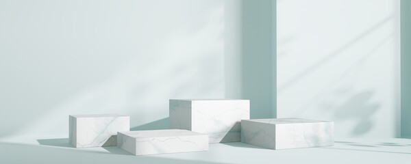 Fototapete - Marble product display podium with shadow nature leaves on blue background. 3D rendering		