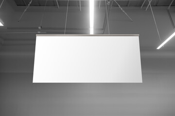 Wall Mural - Blank White Supermarket Banners Hanging From Ceiling. Hangers Mockup Ready For Branding Or Advertising