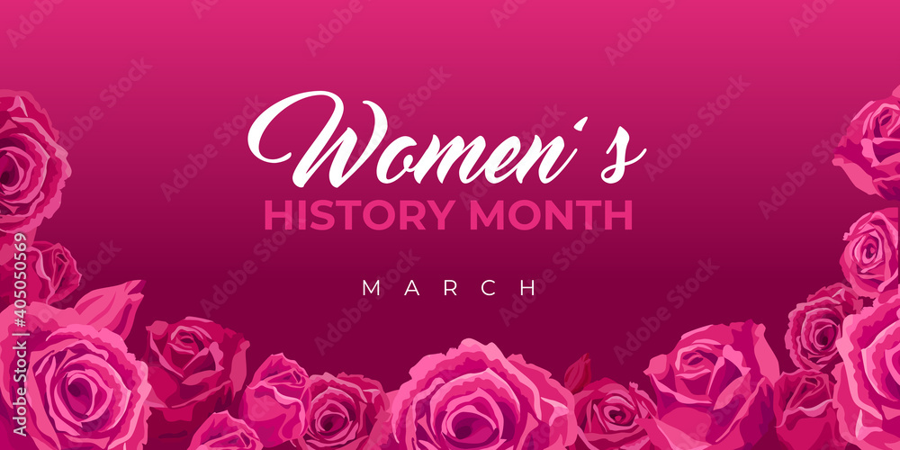 Women's History Month. Vector web banner, poster, flyer, greeting card for social media with the text Women s History Month, march. Beautiful roses on pink, maroon background. - obrazy, fototapety, plakaty 