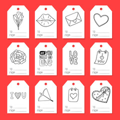 Wall Mural - A set of tags for gift wrapping with elements on the theme of Valentine's Day. Doodle-style illustrations are hand-drawn. Black and white vector illustration, isolated on a white background.