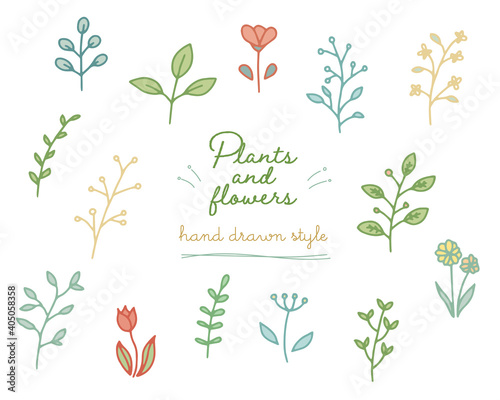 手描きの植物のイラストのセット 葉 花 シンプル 素材 おしゃれ 葉っぱ Stock Vector Adobe Stock