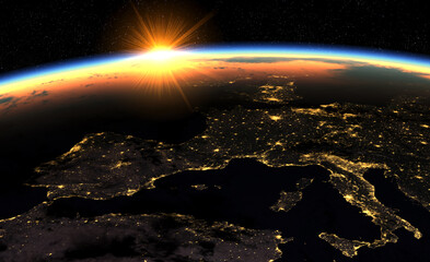 Wall Mural - sunrise over europe, earth as seen from space, 3d illustration