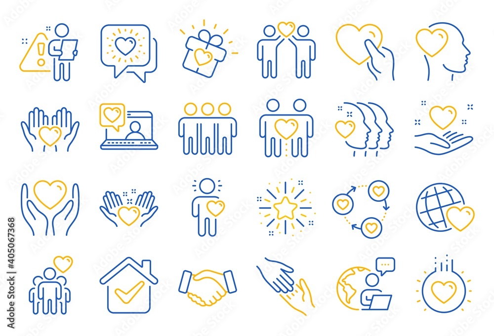 Friendship and love line icons. Interaction, Mutual understanding and assistance business. Trust handshake, social responsibility, mutual love icons. Trust friends, partnership. Line icon set. Vector - obrazy, fototapety, plakaty 