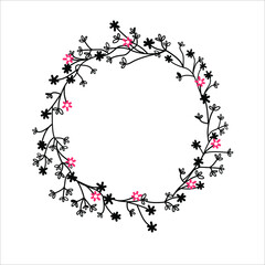  Decorative frame in the form of a circle of flowers and branches. Print for Valentine's Day in doodle style.