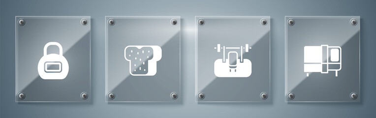 Sticker - Set Bed, Bench with barbel, Bread toast and Kettlebell. Square glass panels. Vector.